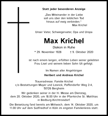 Anzeige von Max Krichel von Kölner Stadt-Anzeiger / Kölnische Rundschau / Express