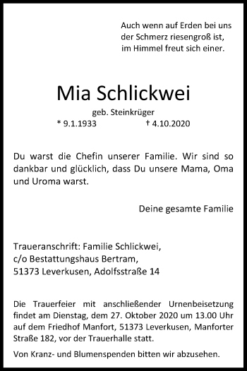 Anzeige von Mia Schlickwei von Kölner Stadt-Anzeiger / Kölnische Rundschau / Express