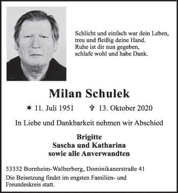 Anzeige von Milan Schulek von  Schlossbote/Werbekurier 