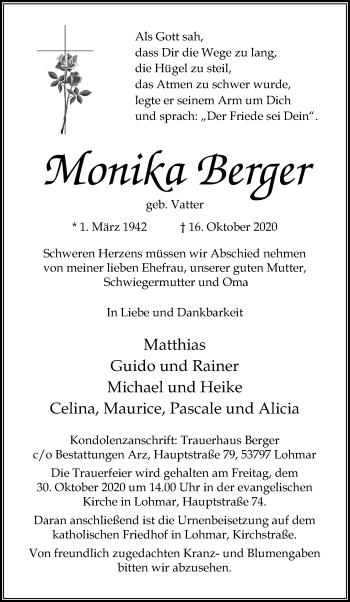 Anzeige von Monika Berger von Kölner Stadt-Anzeiger / Kölnische Rundschau / Express