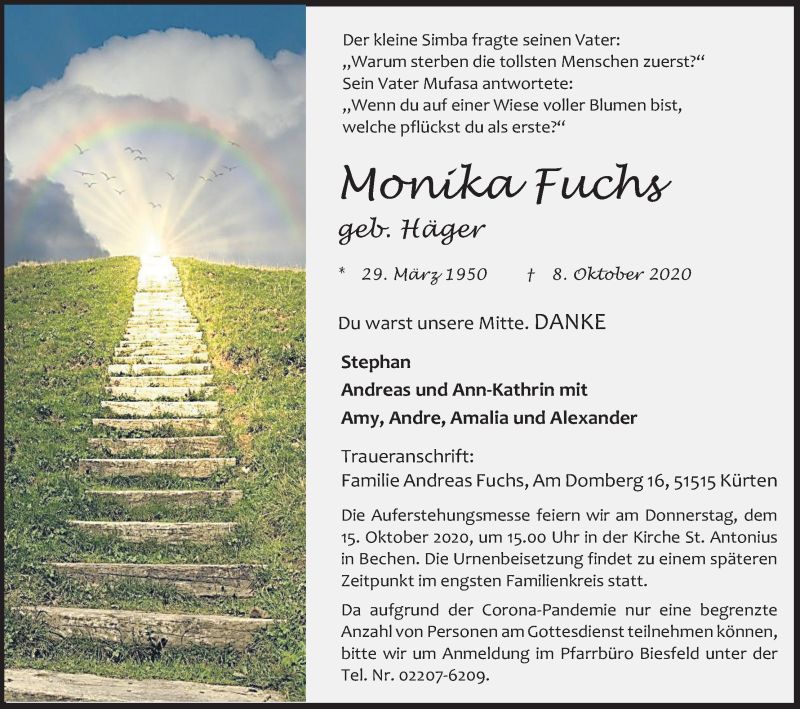  Traueranzeige für Monika Fuchs vom 13.10.2020 aus Kölner Stadt-Anzeiger / Kölnische Rundschau / Express