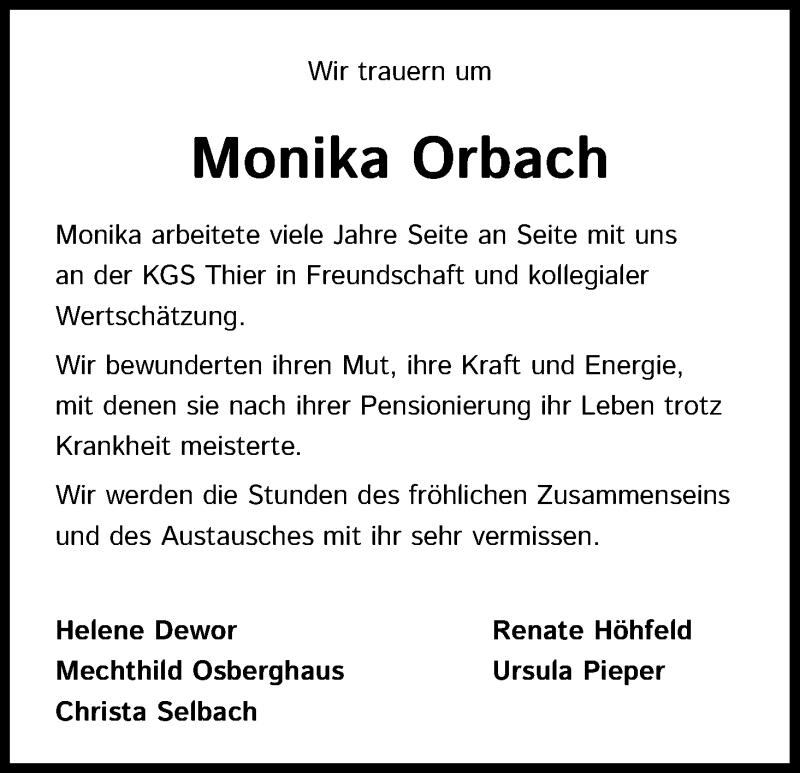  Traueranzeige für Monika Orbach vom 17.10.2020 aus Kölner Stadt-Anzeiger / Kölnische Rundschau / Express