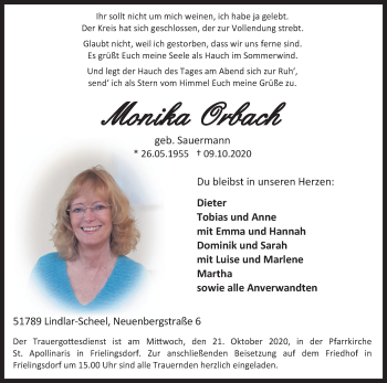 Anzeige von Monika Orbach von Kölner Stadt-Anzeiger / Kölnische Rundschau / Express