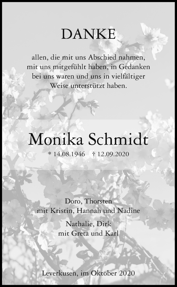  Traueranzeige für Monika Schmidt vom 17.10.2020 aus Kölner Stadt-Anzeiger / Kölnische Rundschau / Express