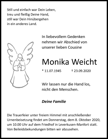 Anzeige von Monika Weicht von Kölner Stadt-Anzeiger / Kölnische Rundschau / Express