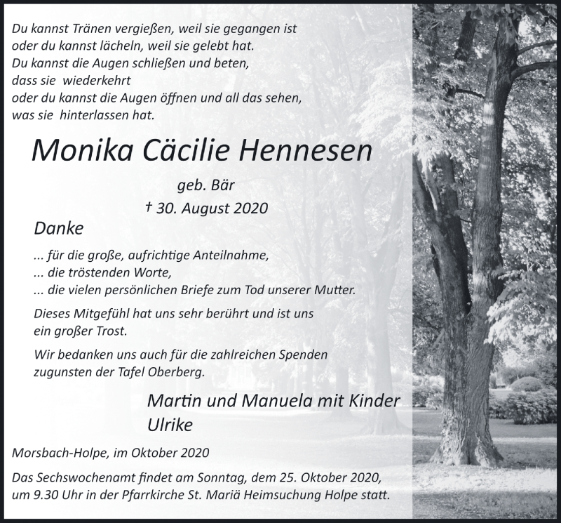  Traueranzeige für Monika Cäcilie Hennesen vom 16.10.2020 aus  Lokalanzeiger 