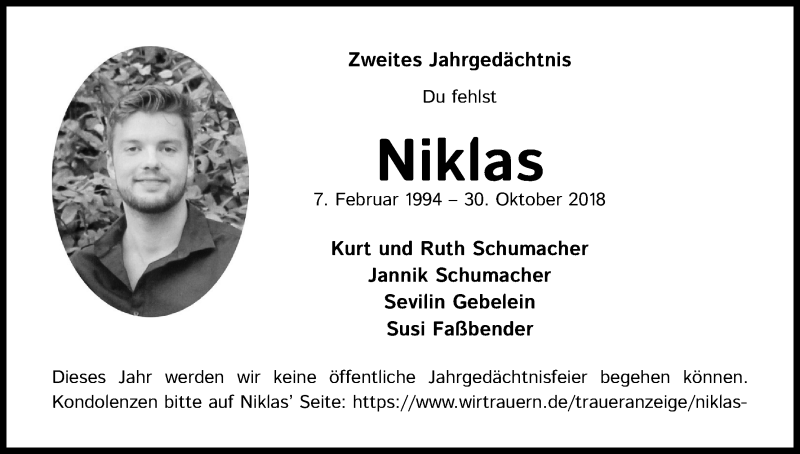  Traueranzeige für Niklas  vom 31.10.2020 aus Kölner Stadt-Anzeiger / Kölnische Rundschau / Express