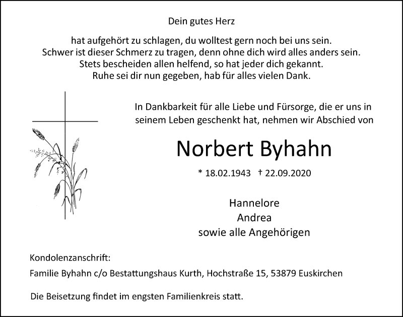  Traueranzeige für Norbert Byhahn vom 26.09.2020 aus  Blickpunkt Euskirchen 