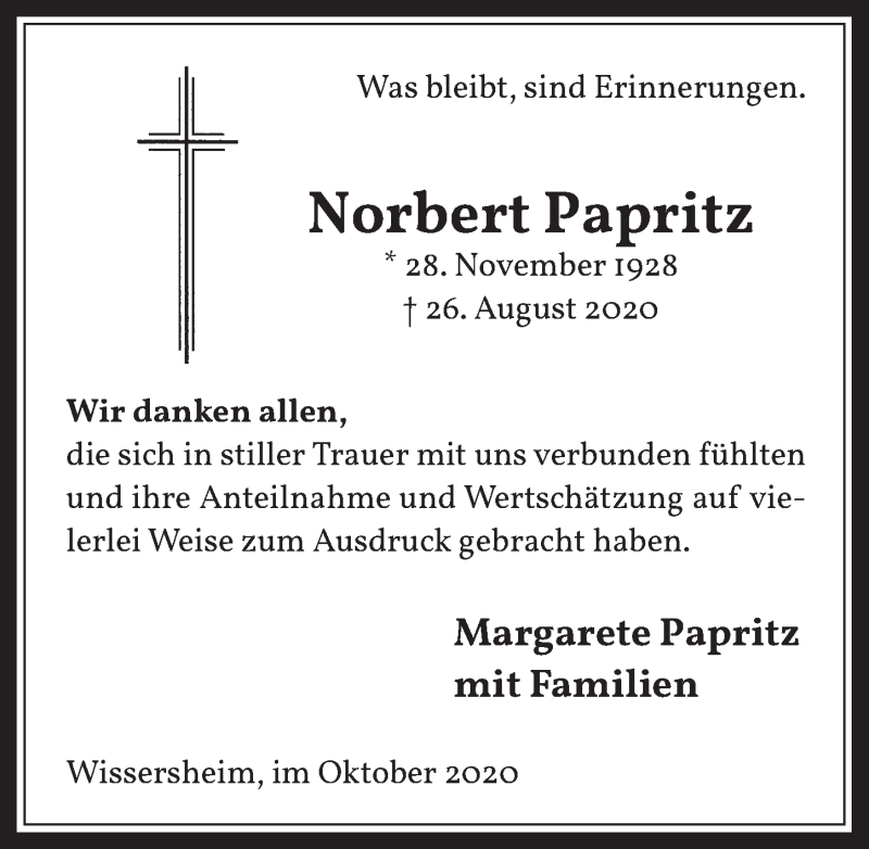  Traueranzeige für Norbert Papritz vom 09.10.2020 aus  Werbepost 