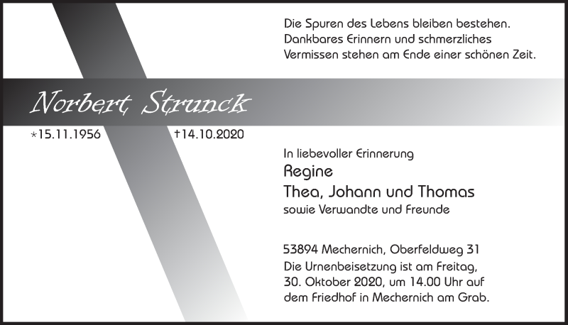  Traueranzeige für Norbert Strunck vom 24.10.2020 aus  Blickpunkt Euskirchen 