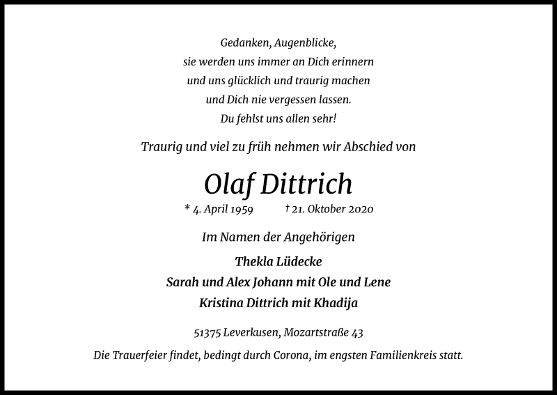  Traueranzeige für Olaf Dittrich vom 28.10.2020 aus Kölner Stadt-Anzeiger / Kölnische Rundschau / Express