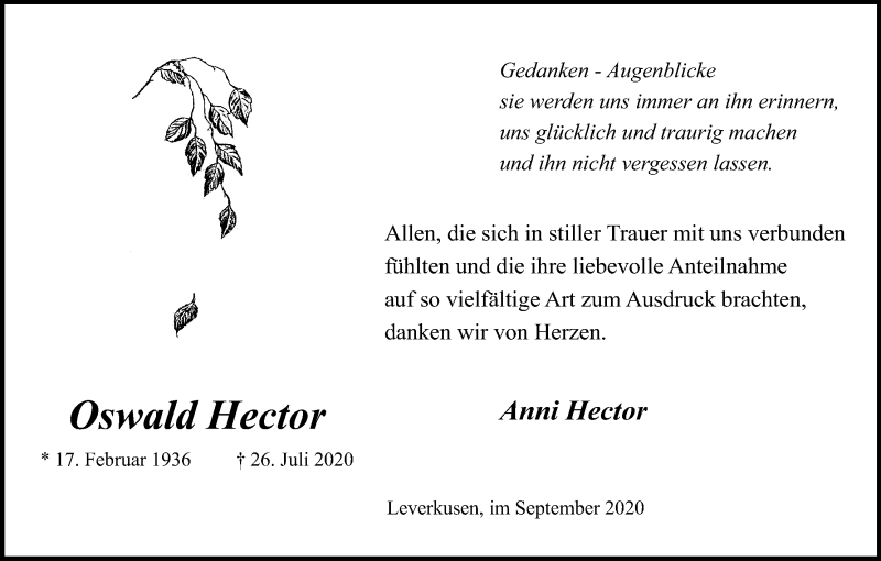  Traueranzeige für Oswald Hector vom 02.10.2020 aus Kölner Stadt-Anzeiger / Kölnische Rundschau / Express