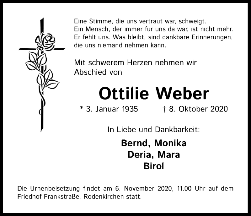  Traueranzeige für Ottilie Weber vom 31.10.2020 aus Kölner Stadt-Anzeiger / Kölnische Rundschau / Express