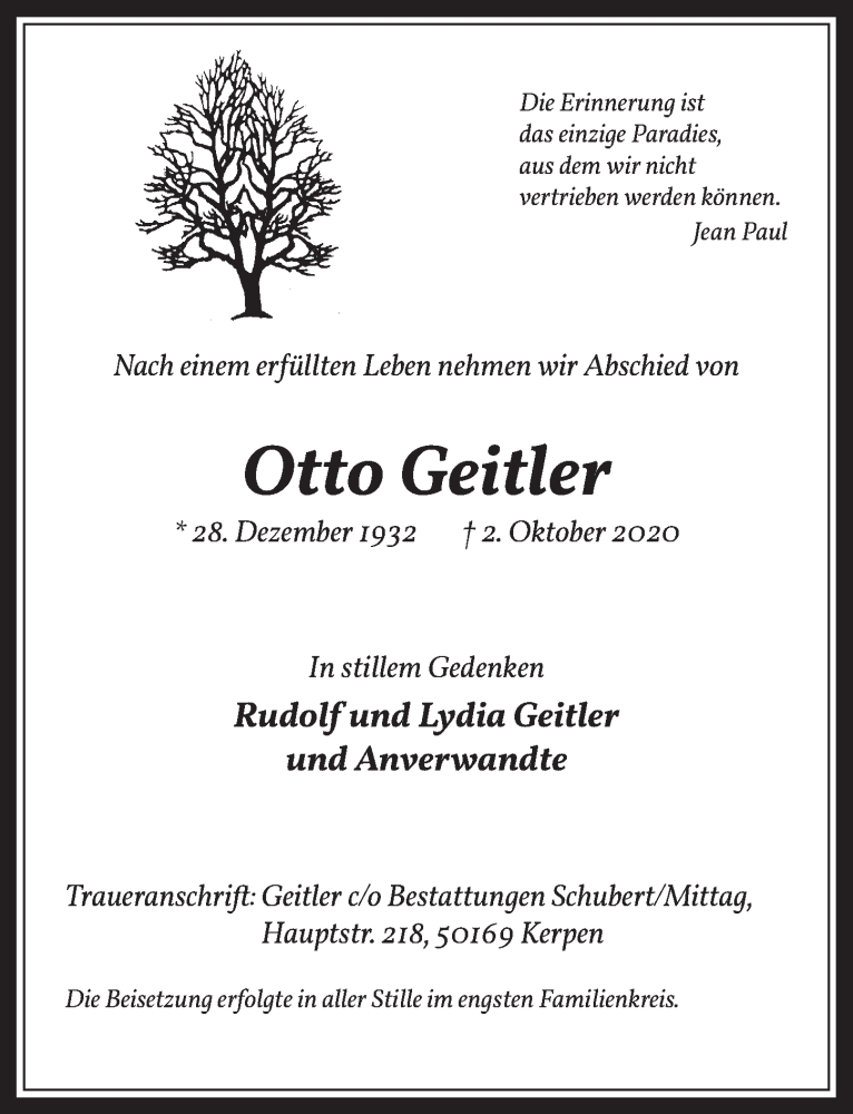  Traueranzeige für Otto Geitler vom 16.10.2020 aus  Werbepost 