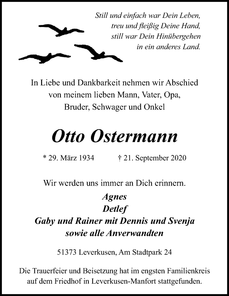  Traueranzeige für Otto Ostermann vom 10.10.2020 aus Kölner Stadt-Anzeiger / Kölnische Rundschau / Express