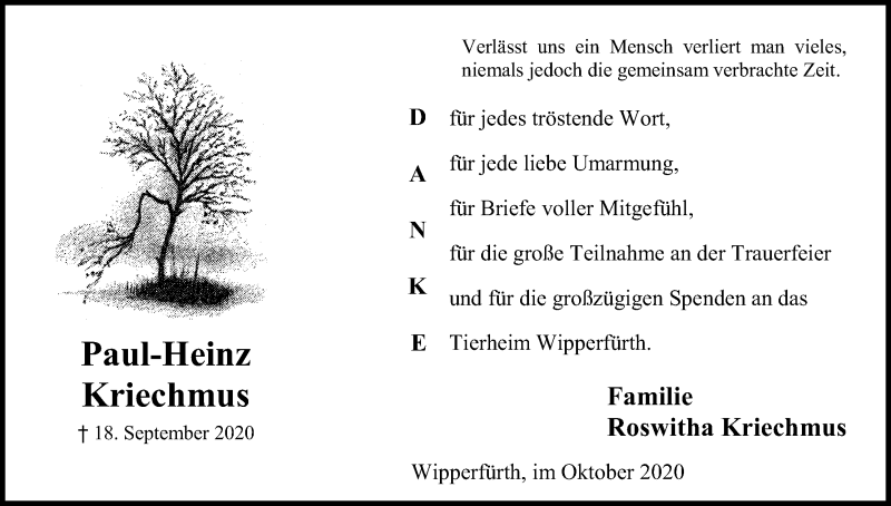  Traueranzeige für Paul-Heinz Kriechmus vom 17.10.2020 aus Kölner Stadt-Anzeiger / Kölnische Rundschau / Express
