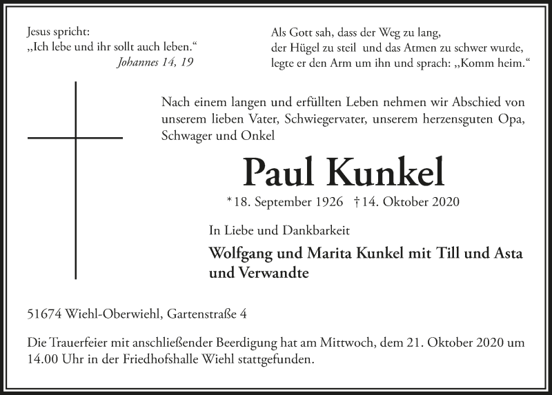  Traueranzeige für Paul Kunkel vom 23.10.2020 aus  Anzeigen Echo 