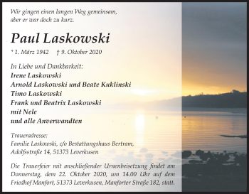 Anzeige von Paul Laskowski von Kölner Stadt-Anzeiger / Kölnische Rundschau / Express