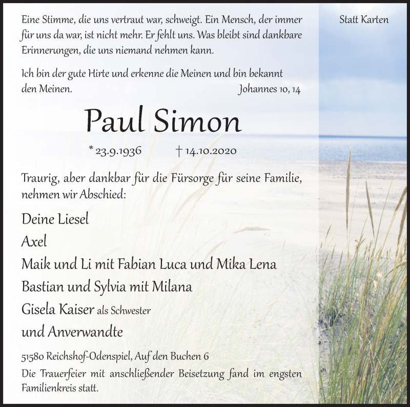  Traueranzeige für Paul Simon vom 24.10.2020 aus Kölner Stadt-Anzeiger / Kölnische Rundschau / Express