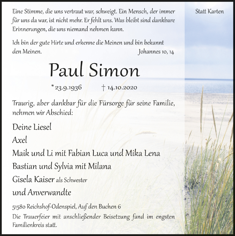  Traueranzeige für Paul Simon vom 23.10.2020 aus  Lokalanzeiger 