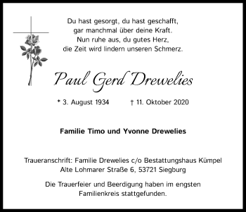 Anzeige von Paul Gerd Drewelies von Kölner Stadt-Anzeiger / Kölnische Rundschau / Express