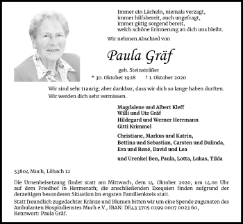 Anzeige von Paula Gräf von Kölner Stadt-Anzeiger / Kölnische Rundschau / Express