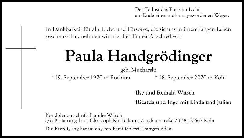  Traueranzeige für Paula Handgrödinger vom 03.10.2020 aus Kölner Stadt-Anzeiger / Kölnische Rundschau / Express