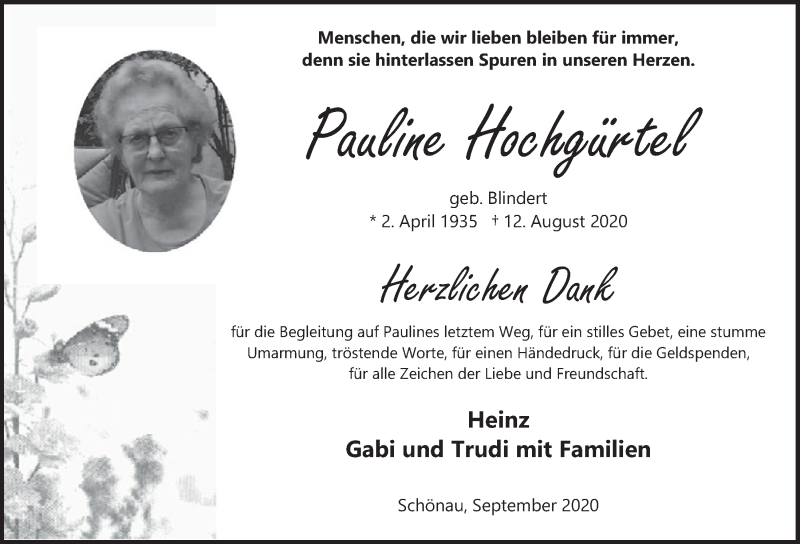  Traueranzeige für Pauline Hochgürtel vom 26.09.2020 aus  Blickpunkt Euskirchen 