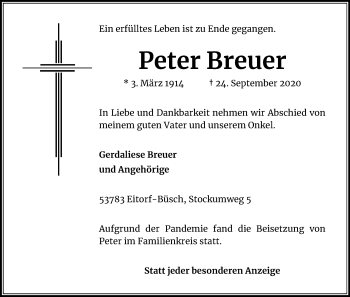 Anzeige von Peter Breuer von Kölner Stadt-Anzeiger / Kölnische Rundschau / Express