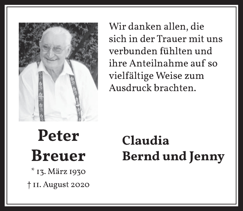  Traueranzeige für Peter Breuer vom 23.10.2020 aus  Werbepost 