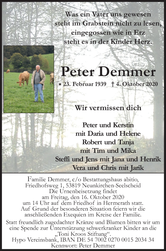  Traueranzeige für Peter Demmer vom 14.10.2020 aus Kölner Stadt-Anzeiger / Kölnische Rundschau / Express