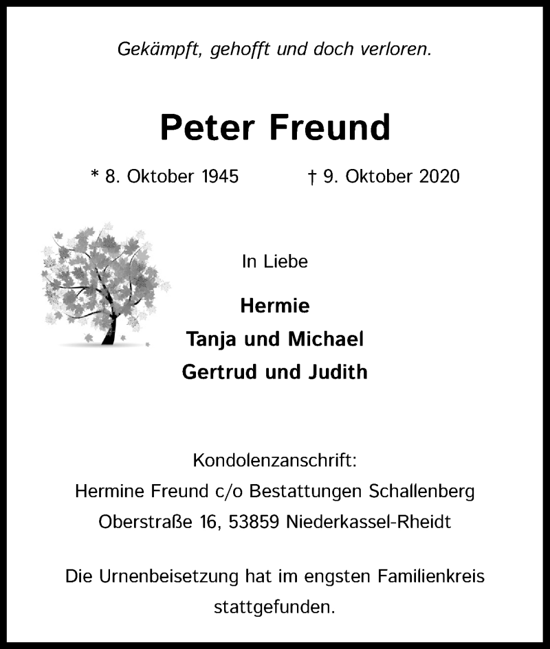 Traueranzeige für Peter Freund vom 24.10.2020 aus Kölner Stadt-Anzeiger / Kölnische Rundschau / Express