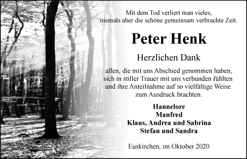  Traueranzeige für Peter Henk vom 10.10.2020 aus  Blickpunkt Euskirchen 