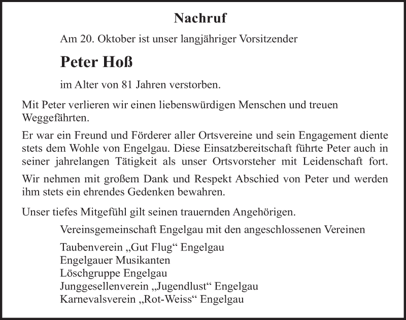 Traueranzeige für Peter Hoß vom 31.10.2020 aus  Blickpunkt Euskirchen 
