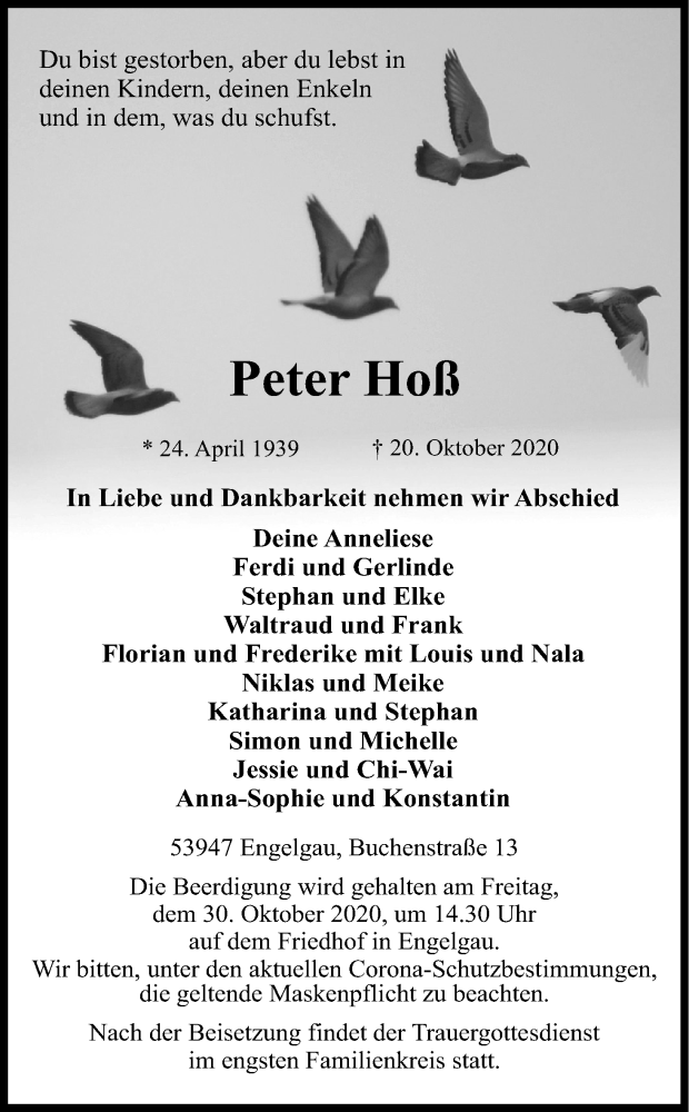 Traueranzeige für Peter Hoß vom 24.10.2020 aus Kölner Stadt-Anzeiger / Kölnische Rundschau / Express