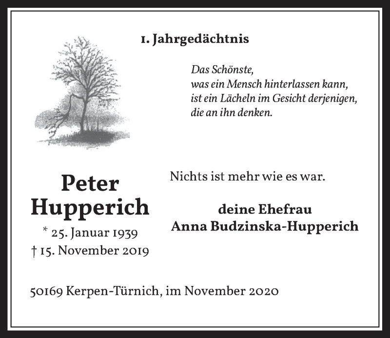  Traueranzeige für Peter Hupperich vom 30.10.2020 aus  Werbepost 