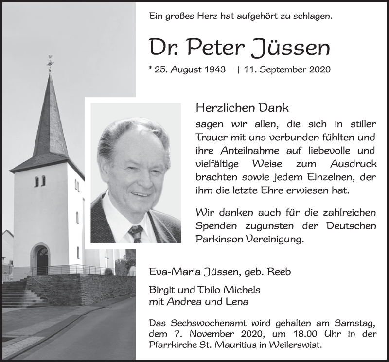  Traueranzeige für Peter Jüssen vom 31.10.2020 aus  Blickpunkt Euskirchen 