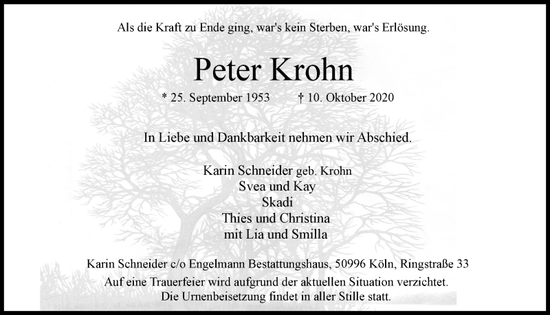  Traueranzeige für Peter Krohn vom 16.10.2020 aus  Kölner Wochenspiegel 