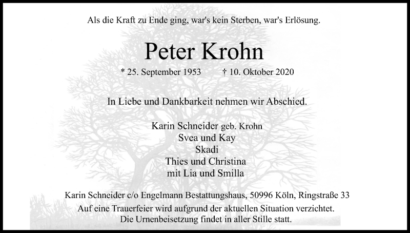  Traueranzeige für Peter Krohn vom 17.10.2020 aus Kölner Stadt-Anzeiger / Kölnische Rundschau / Express