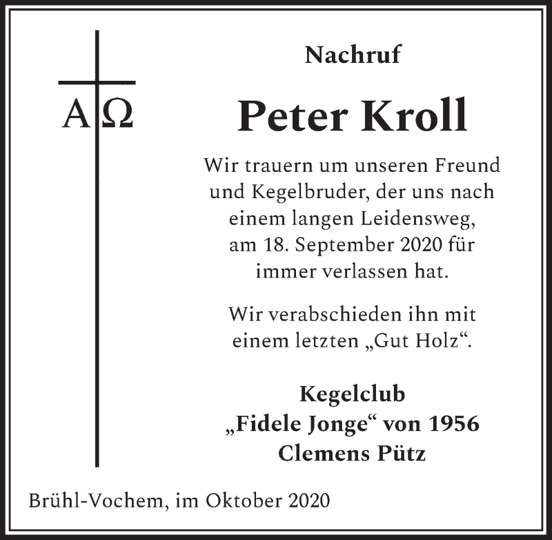 Traueranzeige für Peter Kroll vom 09.10.2020 aus  Schlossbote/Werbekurier 