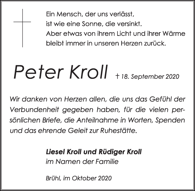  Traueranzeige für Peter Kroll vom 16.10.2020 aus  Schlossbote/Werbekurier 