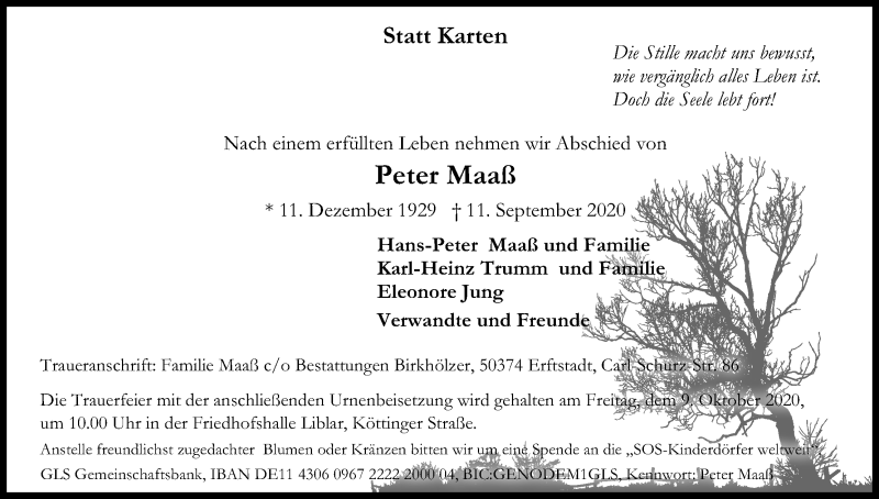  Traueranzeige für Peter Maaß vom 03.10.2020 aus Kölner Stadt-Anzeiger / Kölnische Rundschau / Express