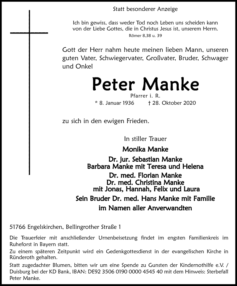  Traueranzeige für Peter Manke vom 31.10.2020 aus Kölner Stadt-Anzeiger / Kölnische Rundschau / Express
