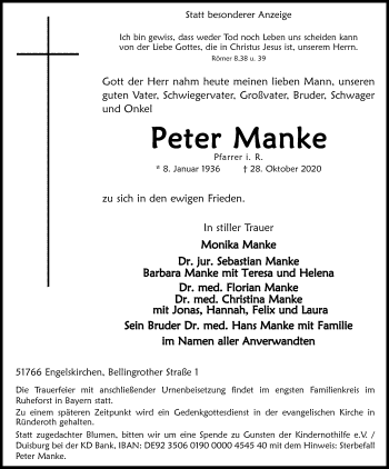 Anzeige von Peter Manke von Kölner Stadt-Anzeiger / Kölnische Rundschau / Express