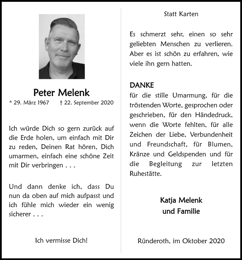  Traueranzeige für Peter Melenk vom 23.10.2020 aus  Anzeigen Echo 