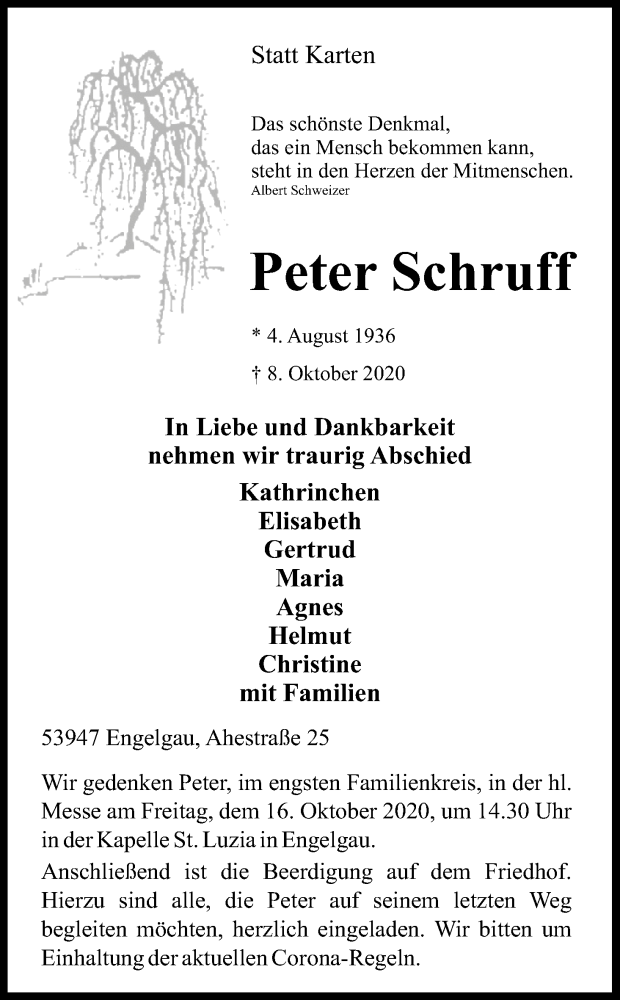  Traueranzeige für Peter Schruff vom 10.10.2020 aus Kölner Stadt-Anzeiger / Kölnische Rundschau / Express