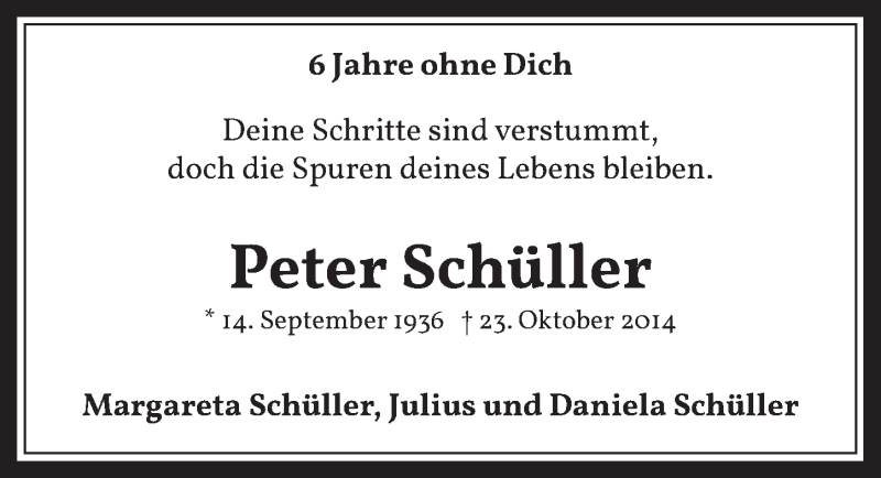  Traueranzeige für Peter Schüller vom 18.07.2023 aus  Kölner Wochenspiegel 