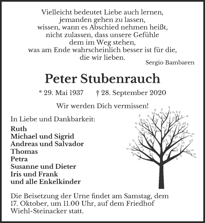  Traueranzeige für Peter Stubenrauch vom 09.10.2020 aus  Anzeigen Echo 