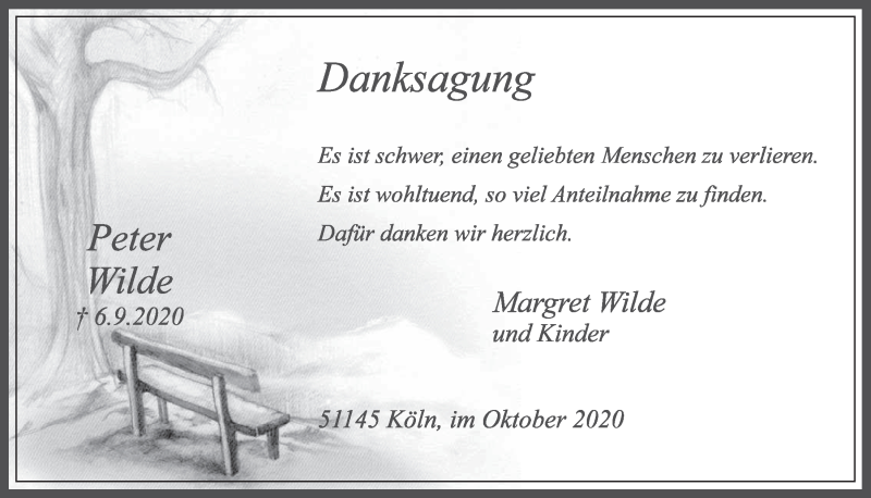  Traueranzeige für Peter Wilde vom 30.10.2020 aus  Kölner Wochenspiegel 