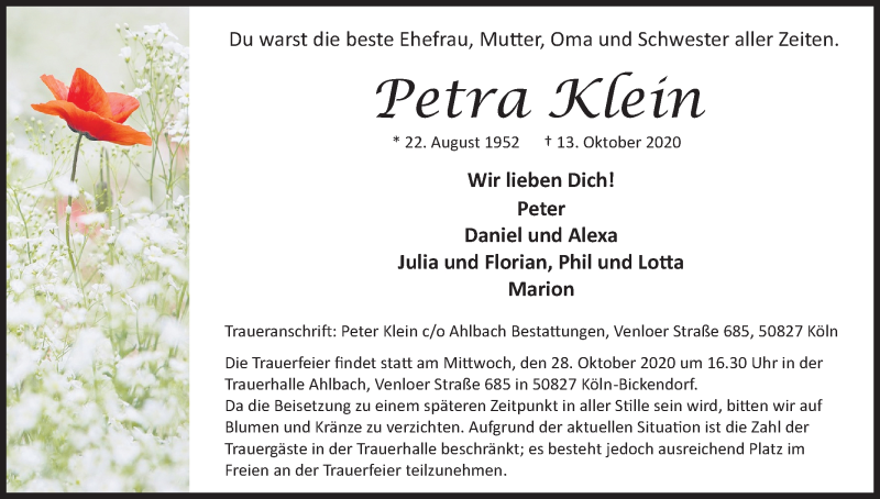  Traueranzeige für Petra Klein vom 24.10.2020 aus Kölner Stadt-Anzeiger / Kölnische Rundschau / Express